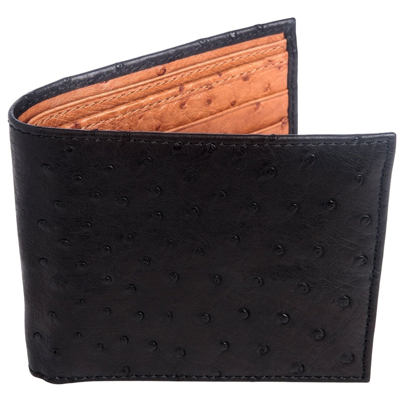 Ein zweifarbiger Zwei-Blatt-Wallet für Herren mit einem schwarzen echten Straußenleder-Außenteil und einem braunen Innenleben.