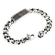 A men's solid sterling silver ID bracelet featuring a full-color gemstone Union Jack design.