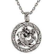 A men's solid sterling silver pendant featuring a Japanese koi fish in a detailed openwork medallion design.