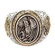 A men's two-tone Japanese ring featuring a silver phoenix on the face and a golden brass dragon on the side.
