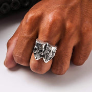 A men's solid sterling silver 'Laugh Now, Cry Later' ring, featuring a skull and a clown face.