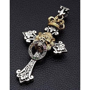 A men's solid sterling silver and gold-plated cross pendant featuring the Lion of Judah and a royal crown.