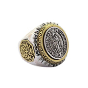 A men's two-tone ring featuring Our Lady of Guadalupe, handcrafted from solid sterling silver and brass.