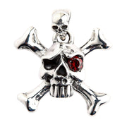A men's solid sterling silver pendant featuring a skull and crossbones (Jolly Roger) with a single red garnet eye.