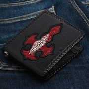 A men's black leather biker wallet featuring a large, red stingray leather gothic cross inlay.