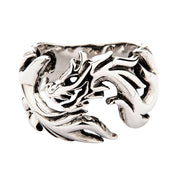 A men's solid sterling silver ring featuring a tribal flame wolf design in a bold, openwork style.