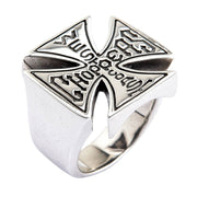 A men's solid sterling silver ring in the shape of the West Coast Choppers Iron Cross logo.