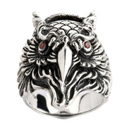 A front view of the men's sterling silver red eyes owl ring with detailed feather texture.