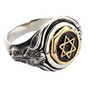 A front view of the men's sterling silver and brass ring featuring a Star of David and two goat heads.