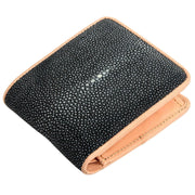 A men's black stingray wallet with a natural tan leather interior trim, shown closed on a white background.