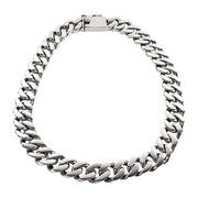 Men's 18mm Cuban chain necklace in 315g solid sterling silver with box clasp, displayed flat in circular layout