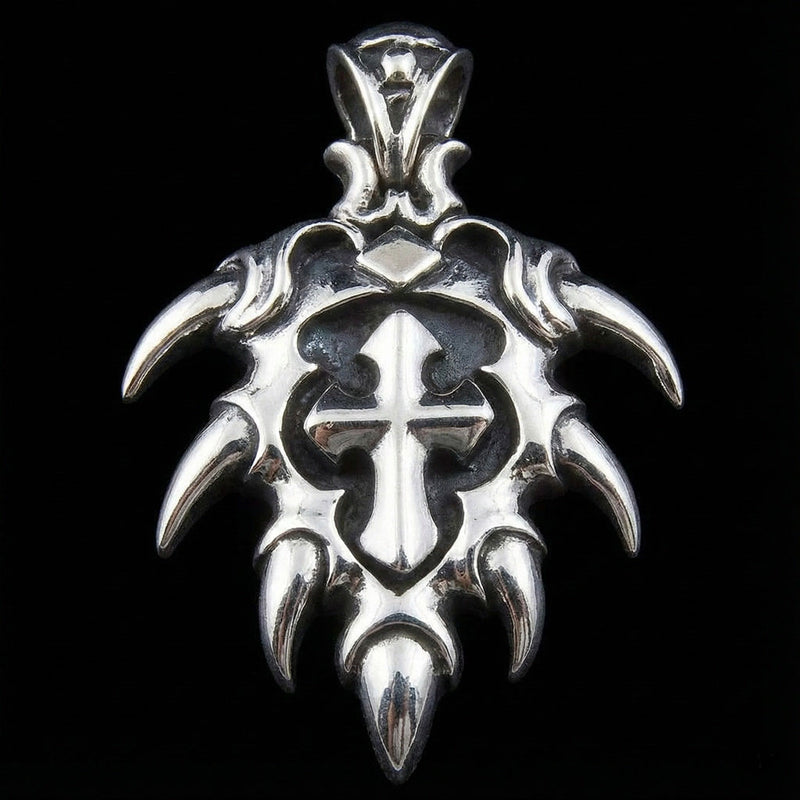 Front view of 925 sterling silver cross pendant with sharp tribal spikes