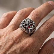 Red spider sterling silver gothic ring worn on a male hand for size reference