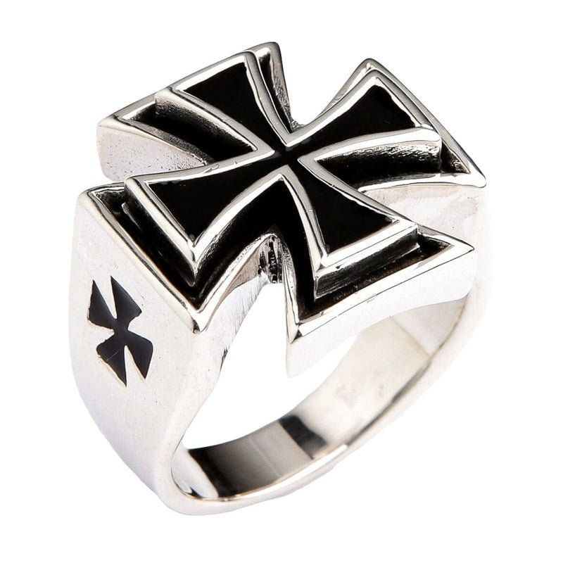 An angled view of the men's sterling silver iron cross ring with its black enamel inlay.