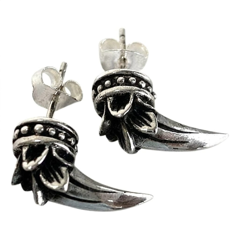 Pair of men's tribal claw stud earrings in polished .925 sterling silver with beaded band detail