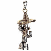 Sterling silver cactus pendant with brass sombrero and Our Lady of Guadalupe emblem front view