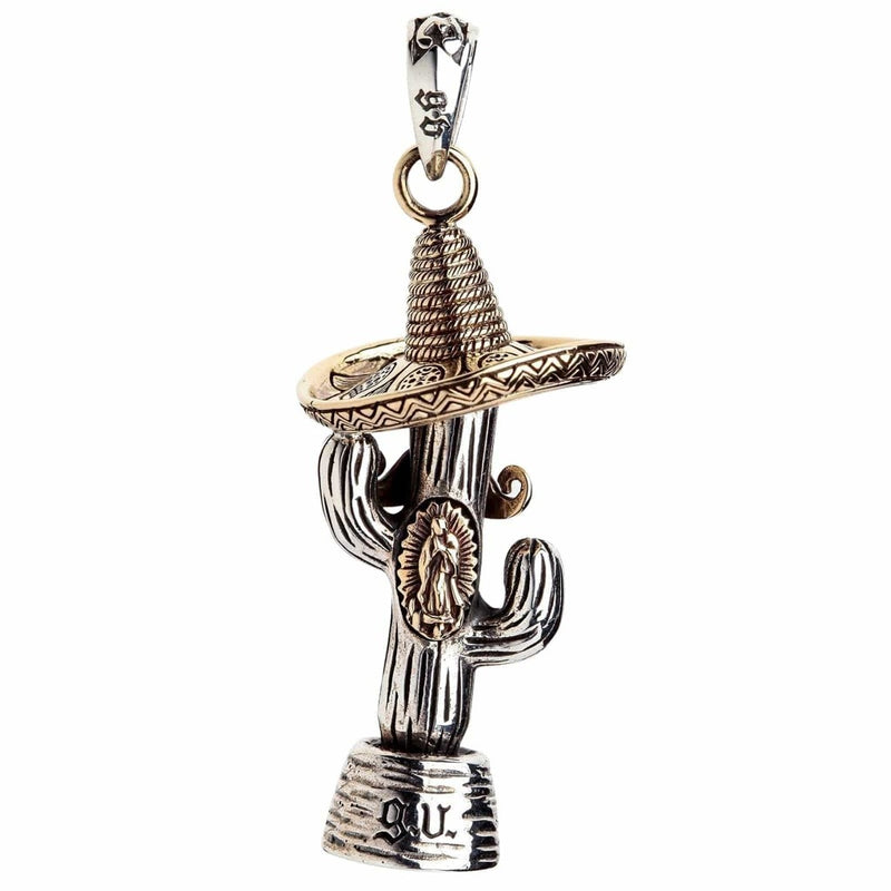 Sterling silver -kaktusriipus, jossa on messinkinen sombrero ja Our Lady of Guadalupe -tunnus, etuviistosta