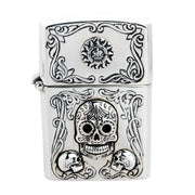 A front view of the handmade sterling silver Mexican sugar skull Zippo case.