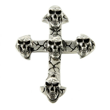 Front view of a sterling silver cross pendant featuring five grim-reaper styled skulls stacked against a cracked texture background.