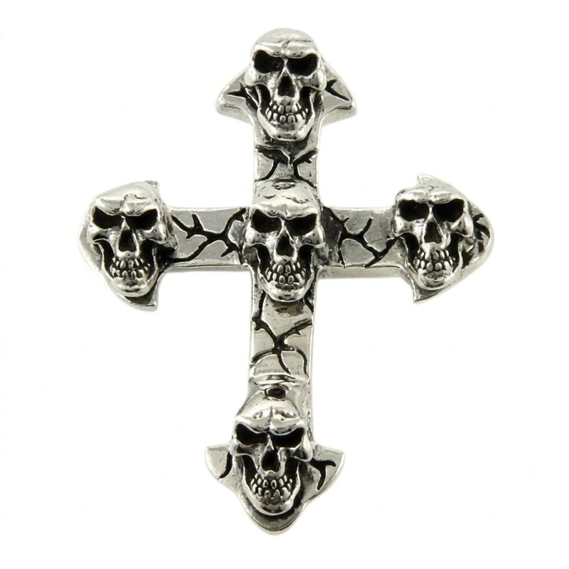 Front view of a sterling silver cross pendant featuring five grim-reaper styled skulls stacked against a cracked texture background.