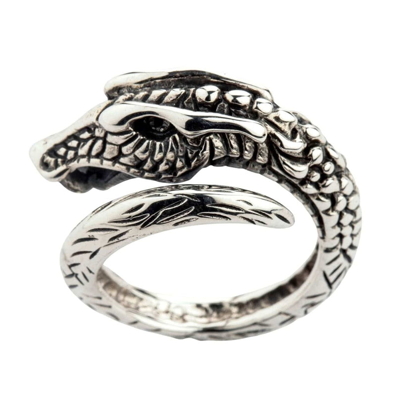 Norse Viking dragon 925 sterling silver adjustable ring showing detailed dragon head and scaled body from side angle