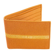 The exterior of a vibrant orange row stingray wallet, showing its unique pebbly texture and the prized central pearl row.