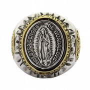 Our Lady of Guadalupe sterling silver ring front view showing detailed Virgin Mary medallion with brass bezel
