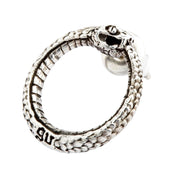 A single, solid sterling silver Ouroboros stud earring, showing the detailed design of the snake eating its tail.