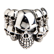 Front view of the phantom skull biker ring featuring eleven skulls crafted from sterling silver.
