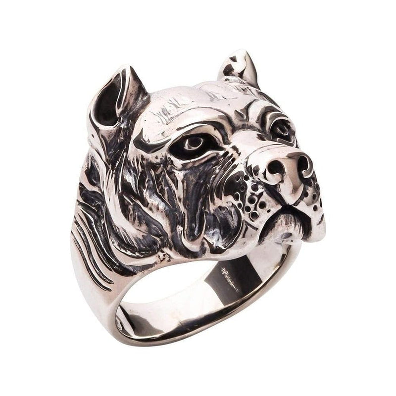 En massiv ring med pitbullhode, eksperthåndlaget av 27 gram solid 925 sterling sølv.