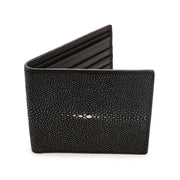 A polished black stingray leather wallet with a smooth, glossy finish and a distinctive white pearl mark.