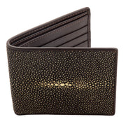 The exterior of a polished brown stingray wallet, showing its smooth, glossy finish and the distinctive white pearl mark.