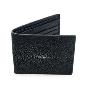 A polished dark blue genuine stingray billfold wallet, showing its smooth texture and distinctive white pearl mark.
