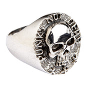 A solid sterling silver 'Punk Not Dead' skull ring with a brilliantly polished skull and a sparkling diamond CZ accent.