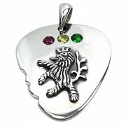 A front view of the sterling silver Rasta Lion of Judah guitar pick pendant with red, yellow, and green gems.