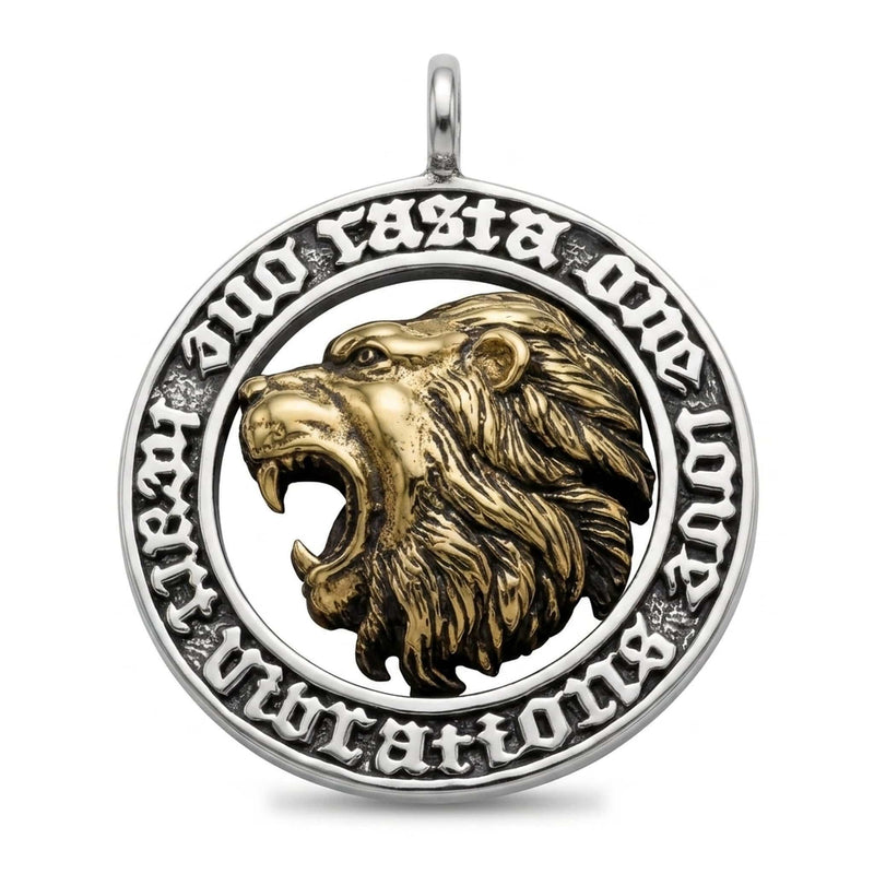 Front view of the Rasta Lion coin pendant with a polished brass roaring lion set inside a .925 sterling silver coin frame
