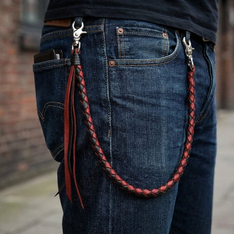 Röd svart flätad läderplånboks kedja fäst vid jeans med silverklämmor