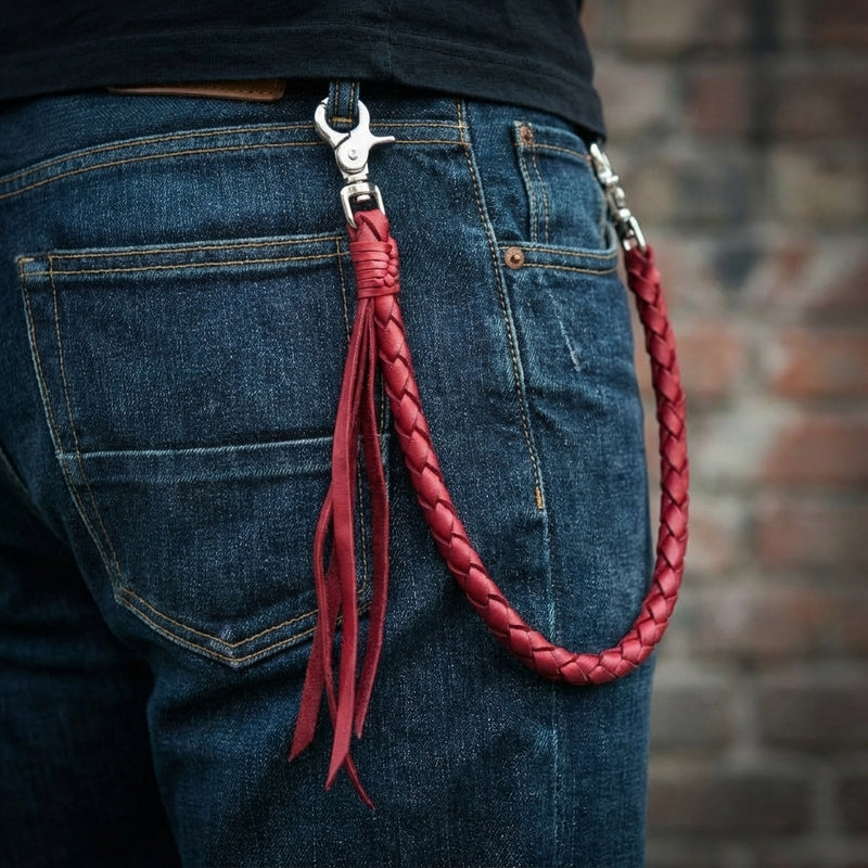 Chaîne portefeuille en cuir tressé rouge bordeaux avec clips en métal argenté attachée à la poche arrière d'un jean bleu avec pompons décoratifs en cuir