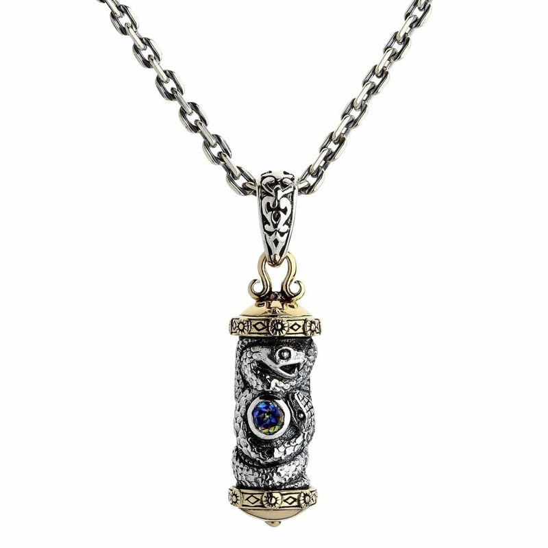 Ciondolo gotico in argento sterling 925 Roller Snake con pietra di topazio mistico e inserti in ottone vista frontale