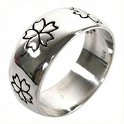 Sakura Silver Band Ring with engraved cherry blossom motifs and polished finish