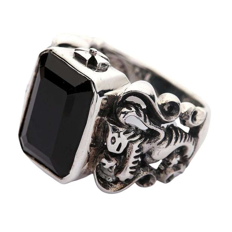 Scottish rampant lion sterling silver ring with black CZ stone side angle view