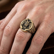 Scottish Rite 32nd degree double headed eagle brass ring worn on hand showing detailed Masonic emblem