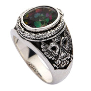 A solid sterling silver Scottish Rite Masonic ring with a large, iridescent, and multi-colored Mystic Topaz gemstone.