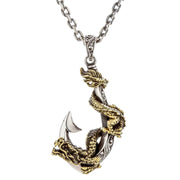 A front view of the sterling silver and brass dragon necklace with a fish hook design.