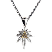The Illuminati weed pendant displayed on a silver chain to show how it hangs.
