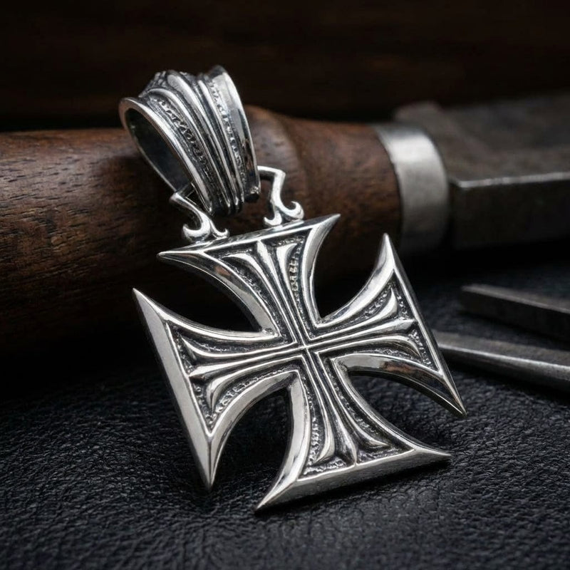 Pendentif Croix de Fer en argent sterling avec détails ciselés et bélière décorative, présenté sur un fond de cuir noir avec un couteau à manche en bois en arrière-plan, arborant un design gothique vintage aux bras concaves et aux bordures texturées.