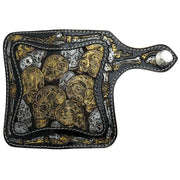 Skeleton skull leather biker wallet fully open flat showing complete hand-carved skull and bones artwork on black cowhide