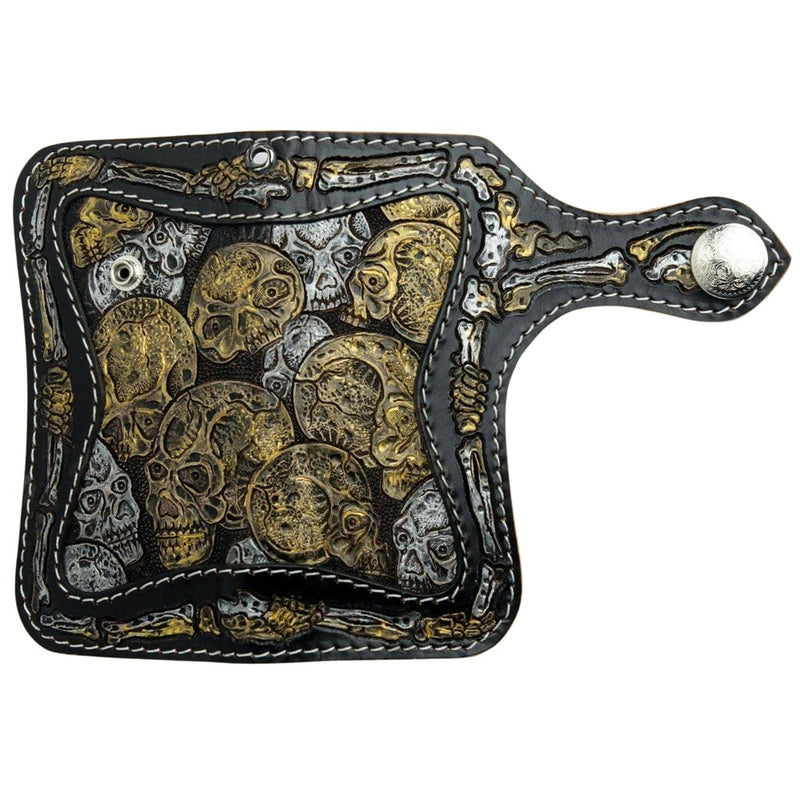 Skeleton skull leather biker wallet fully open flat showing complete hand-carved skull and bones artwork on black cowhide