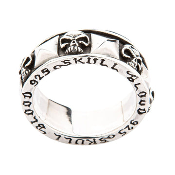 Front view of gothic ring with Skull Blood text engraving and polished finish