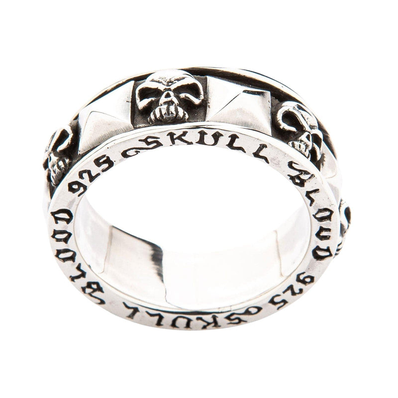 Front view of gothic ring with Skull Blood text engraving and polished finish